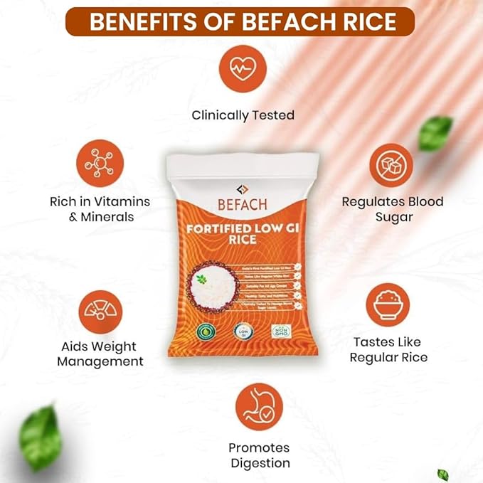 Befach Fortified Low GI Rice | Certified by National Institute of Nutrition | Low Sugar | Low GI | No Pesticides, Non GMO, Perfect for Diet & Diabetic People (4.5 Kg)