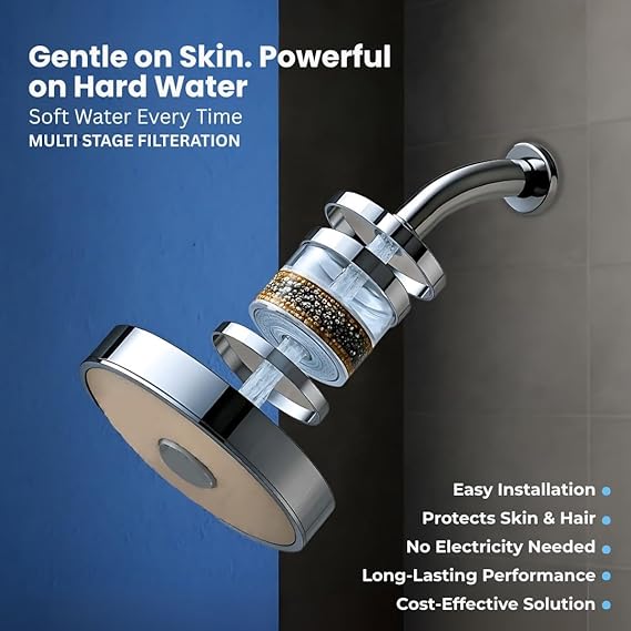 D'cal 20-Stage Household Gray Shower Water Filter System | Activated Carbon Shower Head Filter | Removes Chlorine, Impurities, and Improves Water Quality for Healthier Skin and Hair