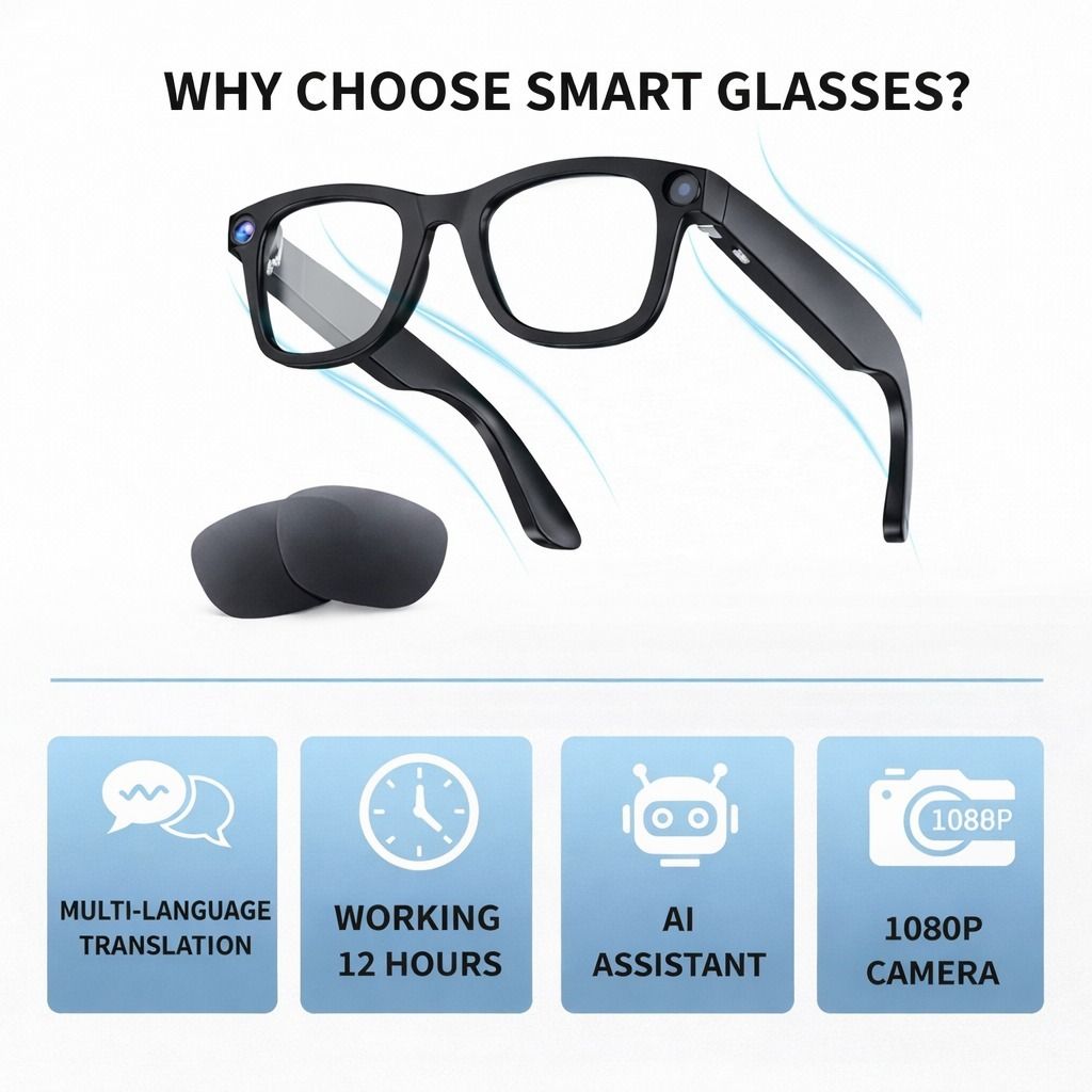 Befach AI Smart Glasses with 1080P Camera, Real-Time Translation & Voice Assistant